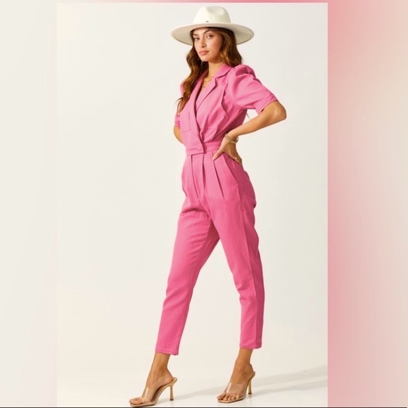 Puff sleeve wrap front denim jumpsuit - Picture 5 of 8